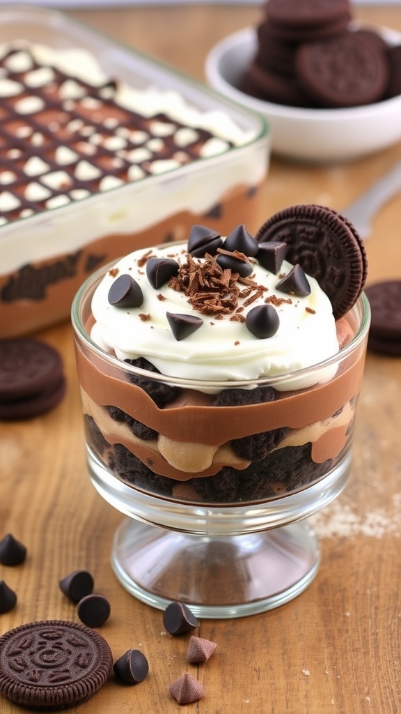A layered chocolate casserole dessert with pudding, whipped topping, and crushed cookies, garnished with chocolate chips and shavings.
